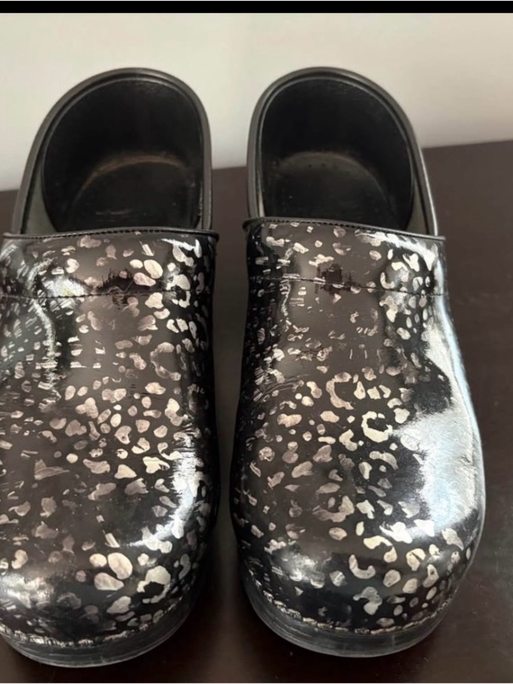 Dansko Black Metallic Leopard Print Patent Leather Clogs